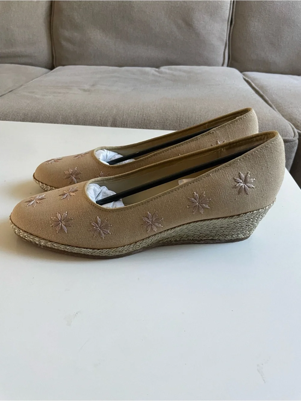 Neutral Embroidered Espadrille Wedge Pumps - Tan
